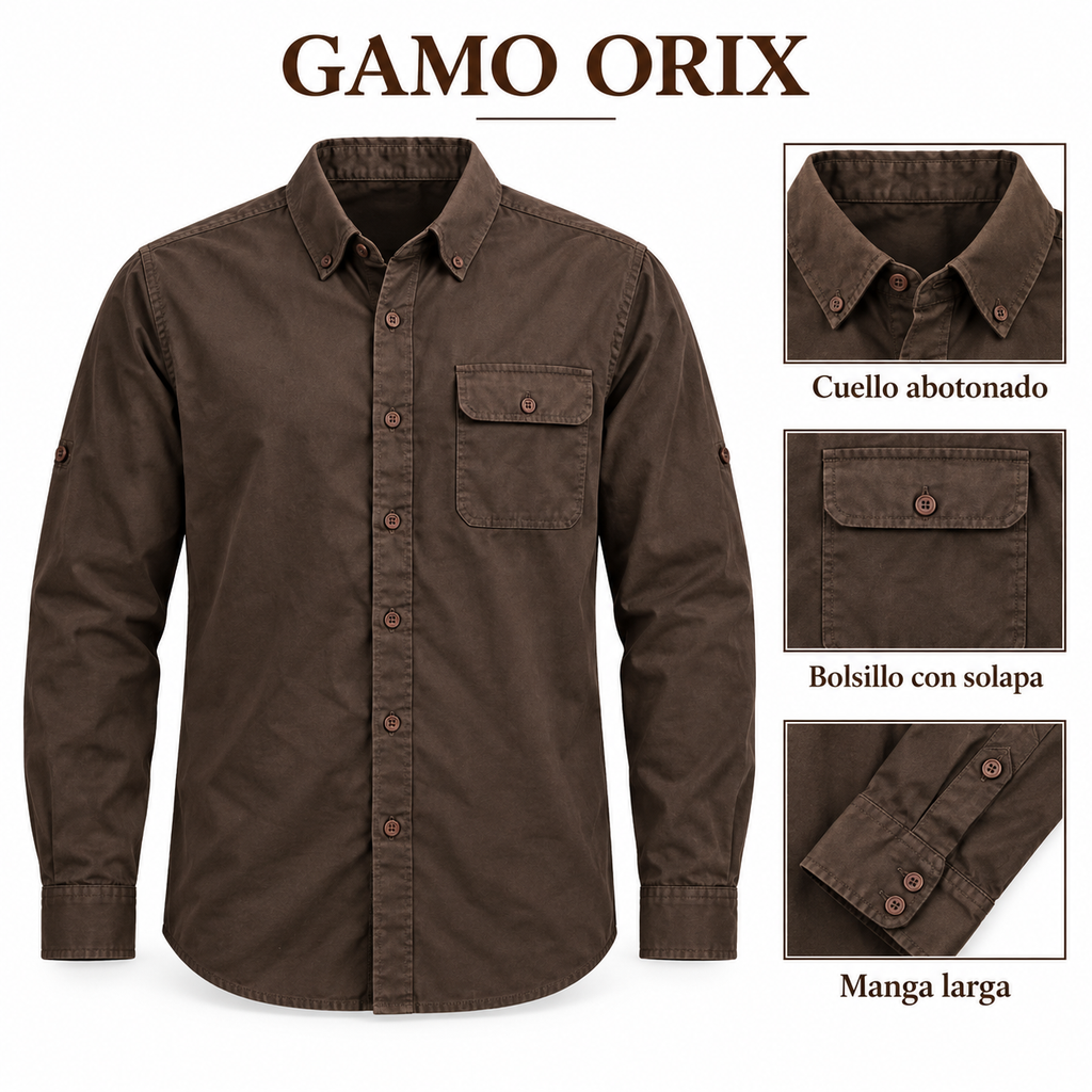 Características de la camisa Gamo Orix: manga larga, cuello abotonado y bolsillo con solapa