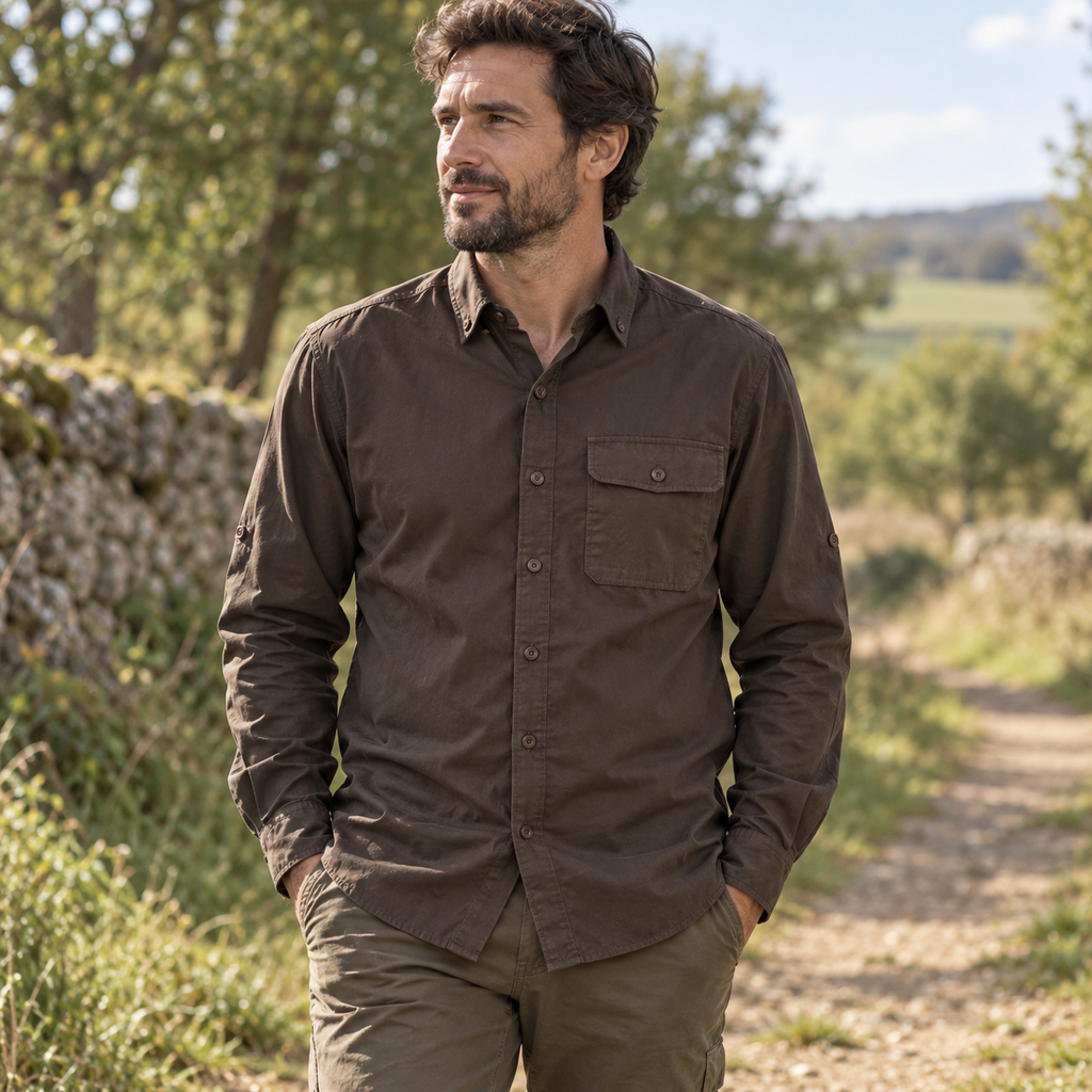 Camisa Gamo Orix marrón oscuro en uso al aire libre