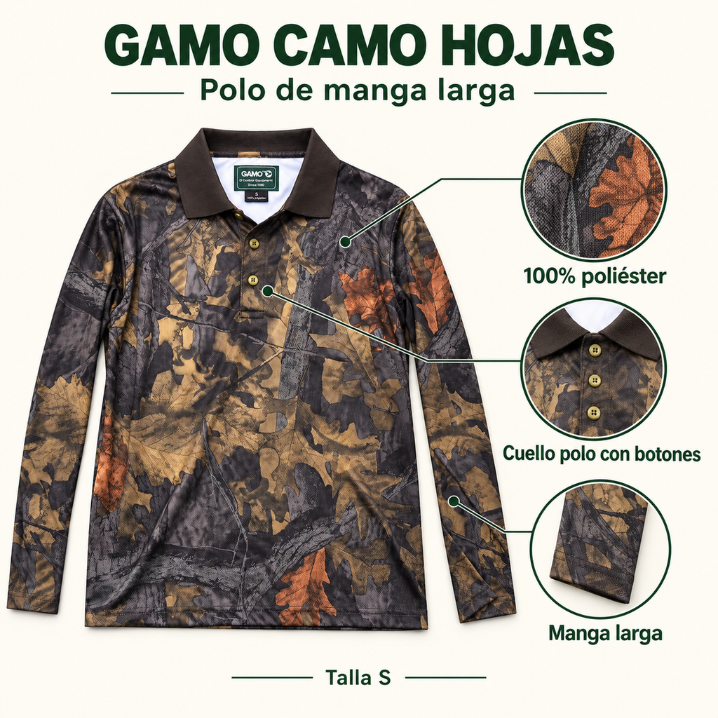Características del polo Gamo Camo Hojas talla S, 100% poliéster, cuello con botones y manga larga