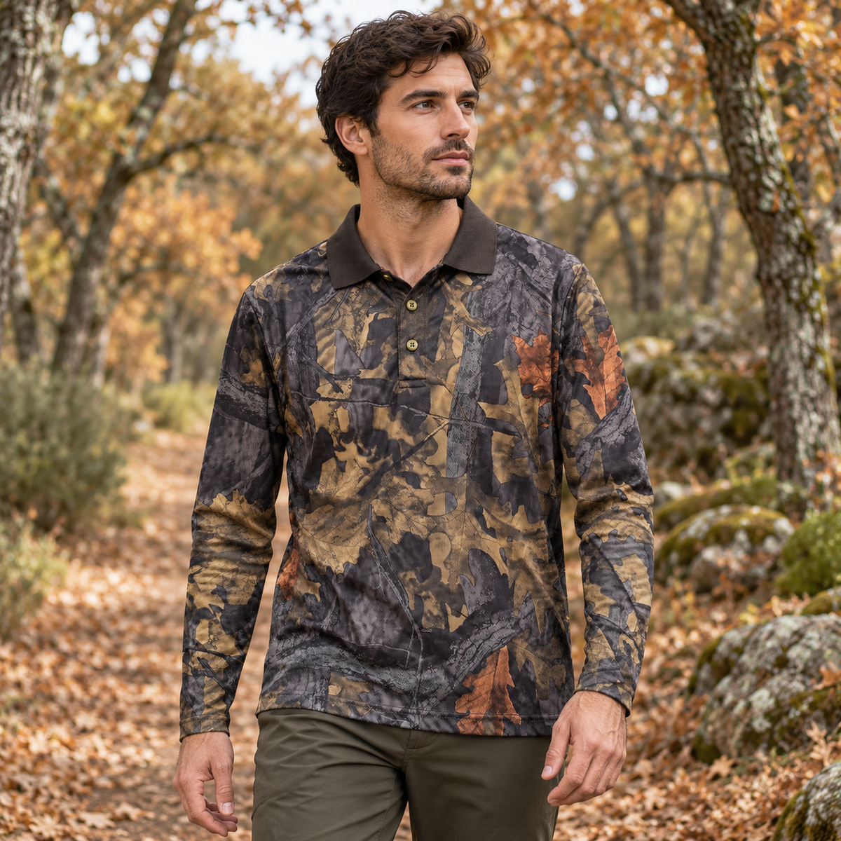 Polo Gamo Camo Hojas talla S en una escena de sendero otoñal