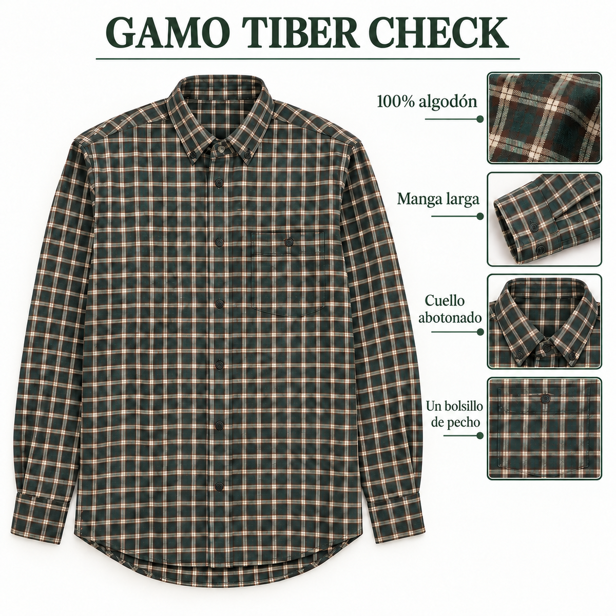 Camisa Gamo Tiber Check: algodón, manga larga, cuello abotonado y bolsillo de pecho