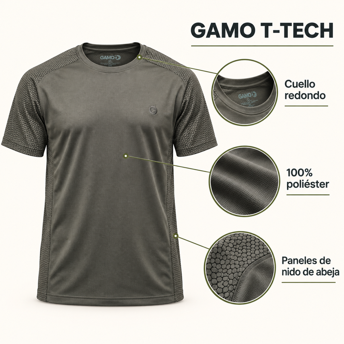 Características de la camiseta Gamo T-Tech: manga corta, cuello redondo y tejido 100 % poliéster