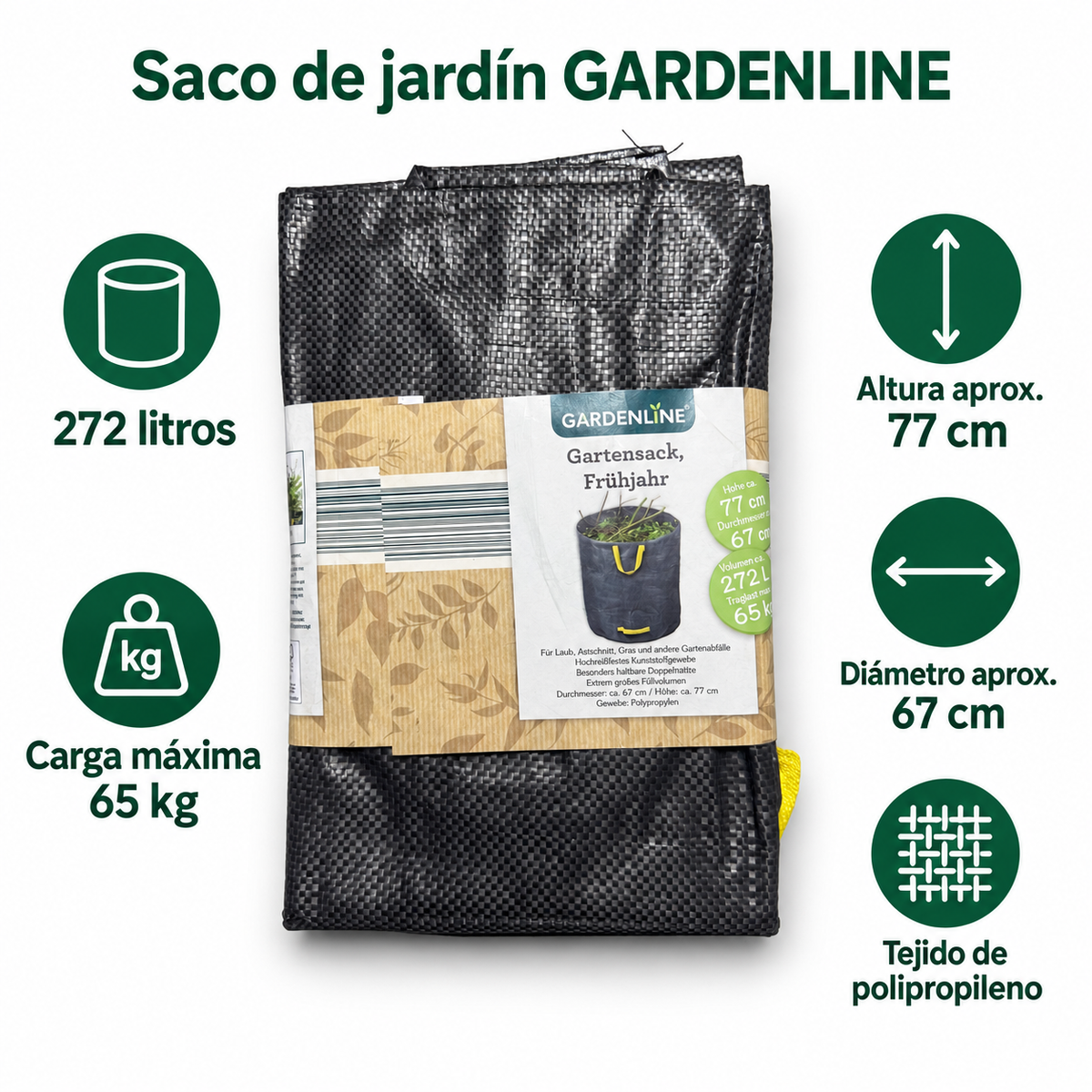 Saco de jardín GARDENLINE negro 272 litros plegado con faja original con capacidad, carga y medidas verificadas