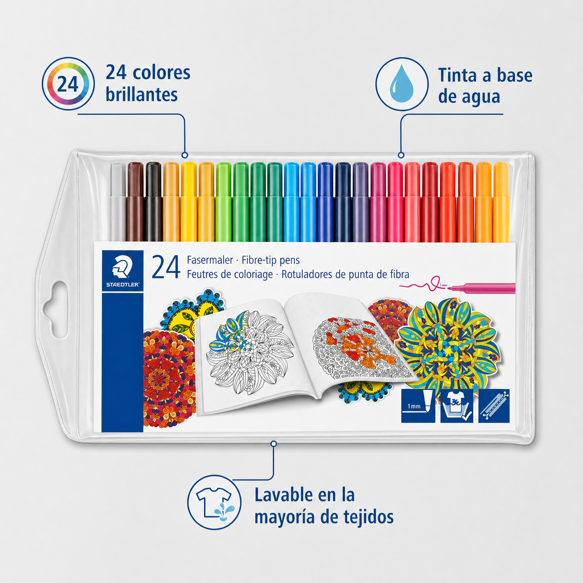 United Office Rotuladores punta de fibra 24 colores, tinta a base de agua lavable