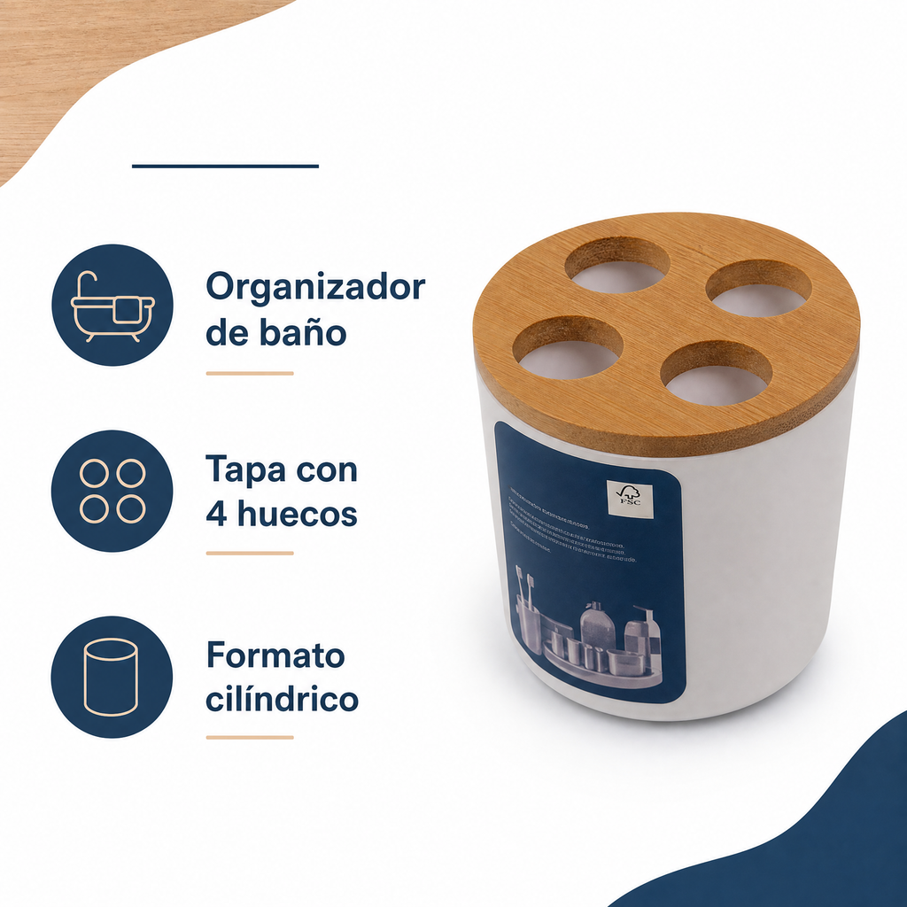 Organizador de baño cilíndrico con tapa de cuatro huecos
