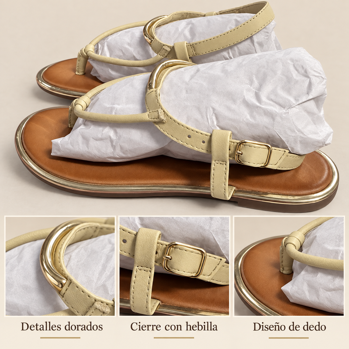 Sandalias Gioseppo Upton blanco roto con detalles dorados y hebilla