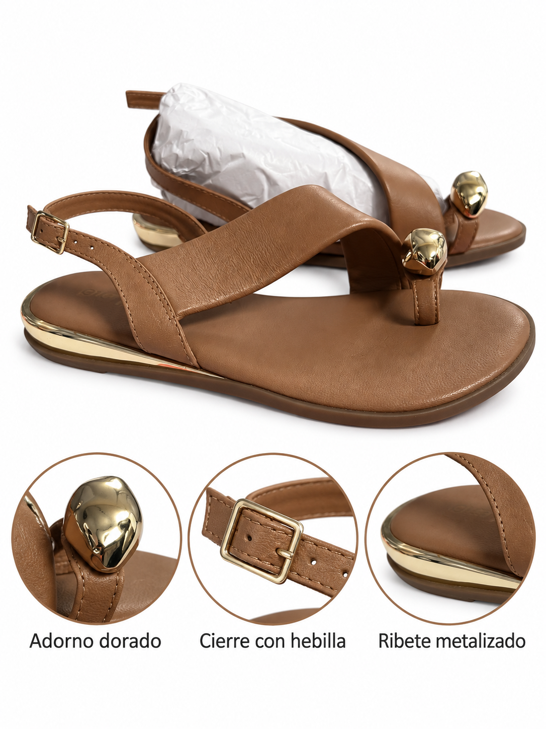 Sandalias Gioseppo Stony color cuero con anillo joya dorado y hebilla
