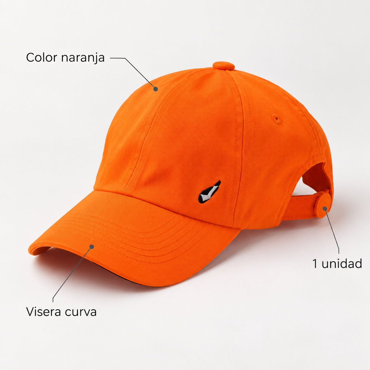 Gorra naranja de visera curva, características visibles