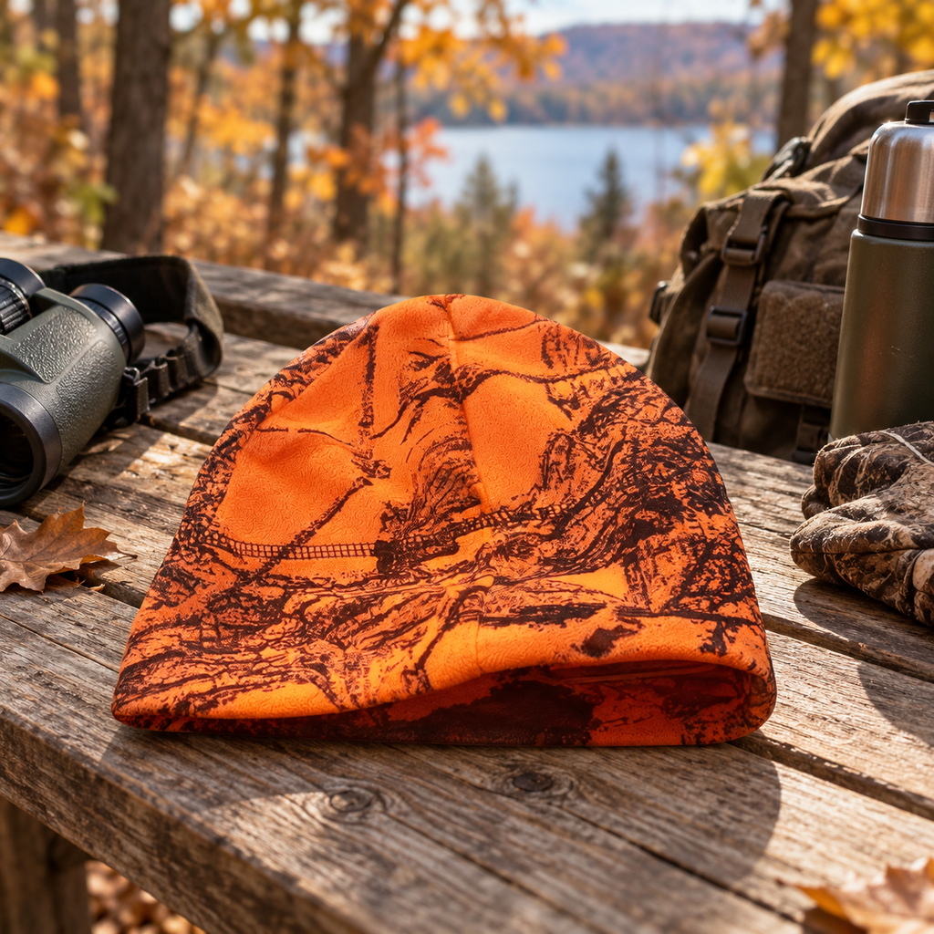 Gorro camuflaje naranja en ambiente exterior