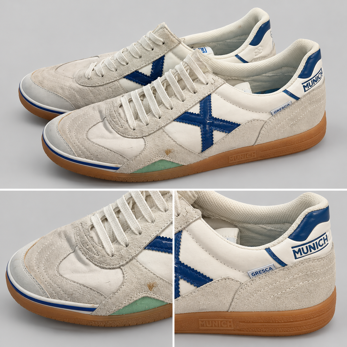 Zapatillas Munich GRESCA blancas con X azul y suela caramelo · Talla 45 - detalle de diseño y estado