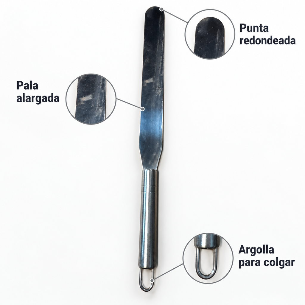 Detalles de pala alargada, punta redondeada y argolla de la espátula