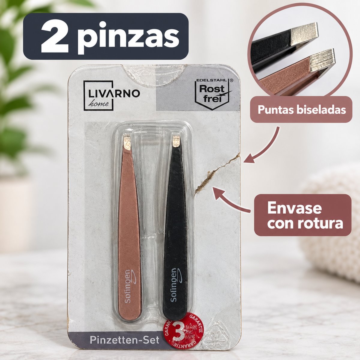 Set Livarno de dos pinzas con puntas biseladas y envase deteriorado