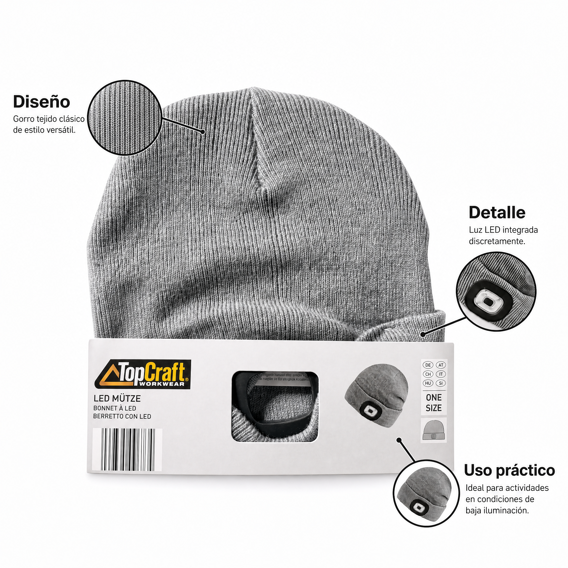TopCraft Gorro térmico de punto con luz LED frontal