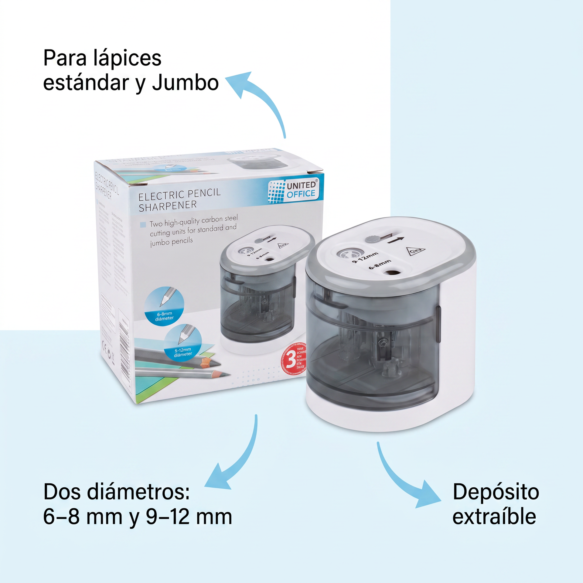 United Office Sacapuntas Eléctrico para Lápices Estándar y Jumbo