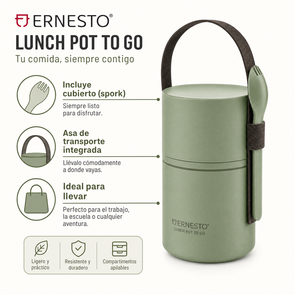 Fiambrera portátil verde con asa, tapa y cubierto acoplado