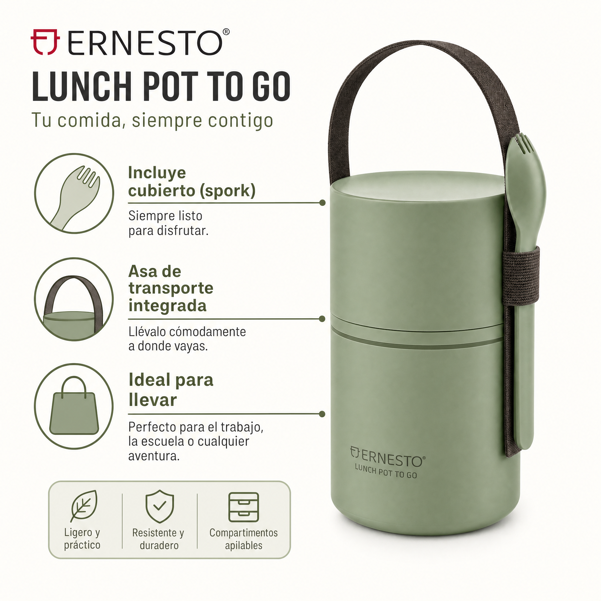 Fiambrera portátil verde con asa, tapa y cubierto acoplado