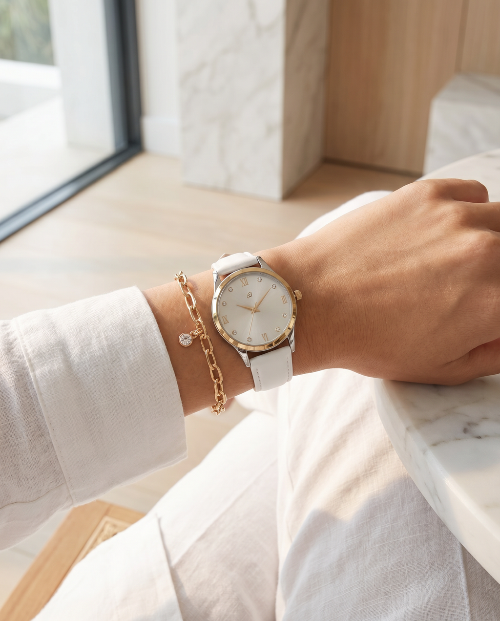 Set Reloj y Pulsera Auriol Mujer Blanco/Plateado — Cadena Dorada + Brillantes