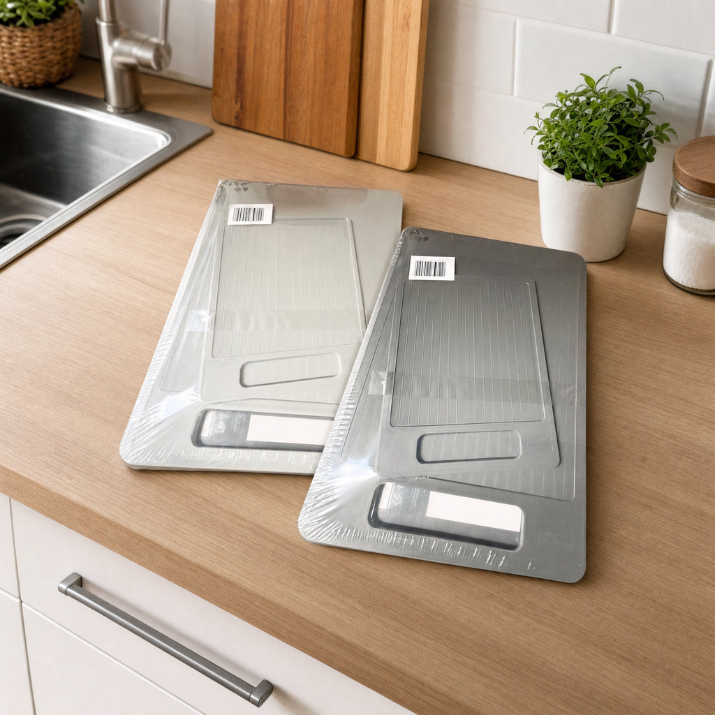 Tabla de corte rectangular estriada con asa integrada, blanco y gris