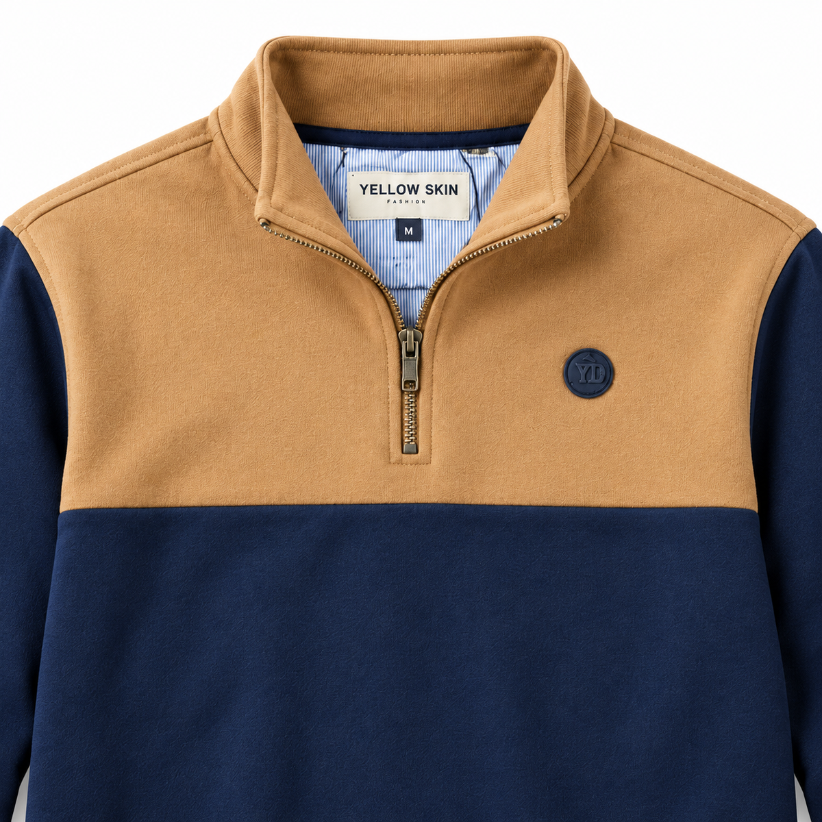 Sudadera Yellow Skin con media cremallera azul marino y camel · Talla M · -detalle