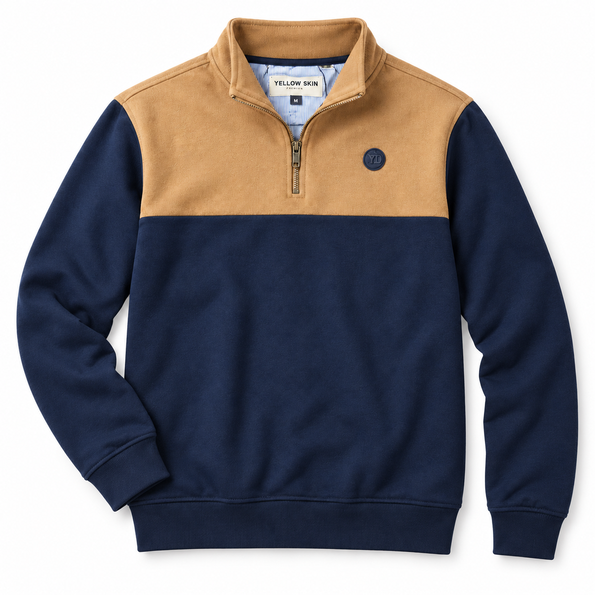 Sudadera Yellow Skin con media cremallera azul marino y camel · Talla M · -presentacion
