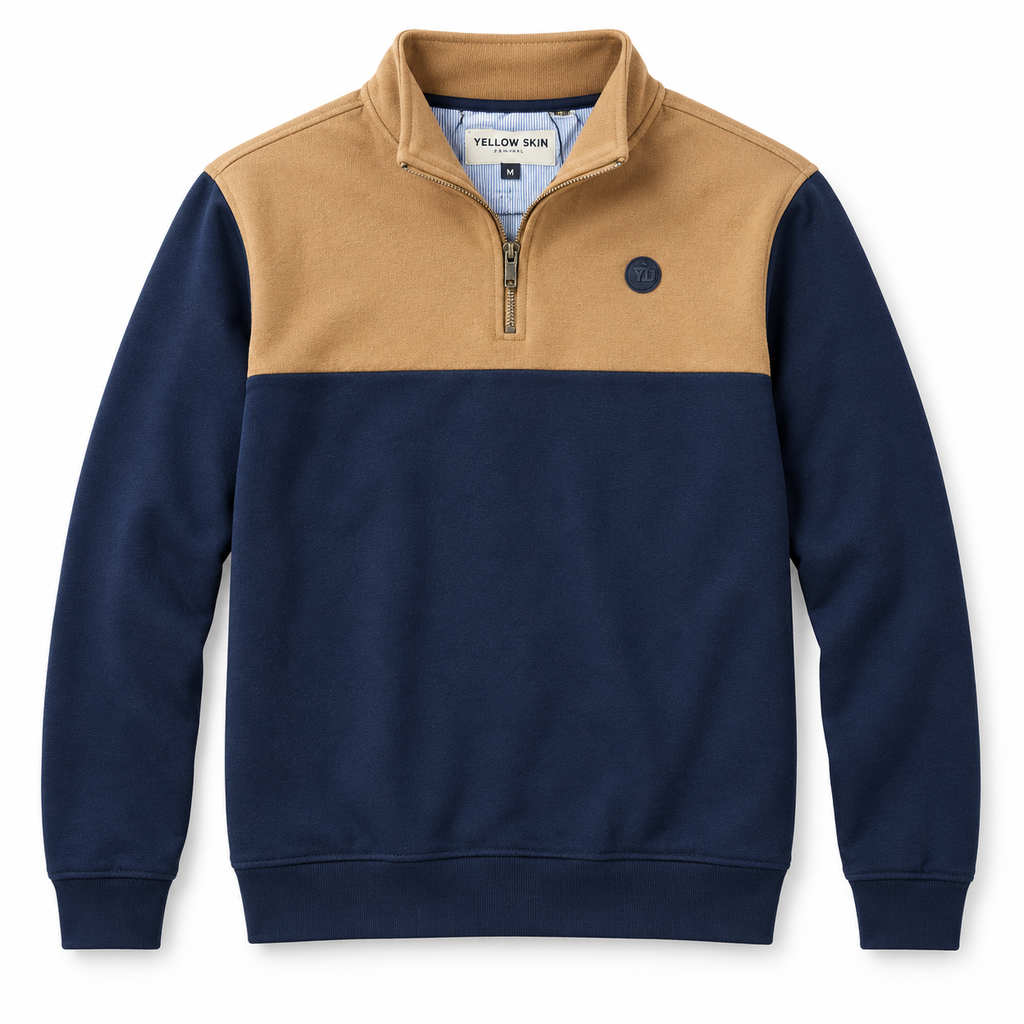 Sudadera Yellow Skin con media cremallera azul marino y camel · Talla M · vista frontal