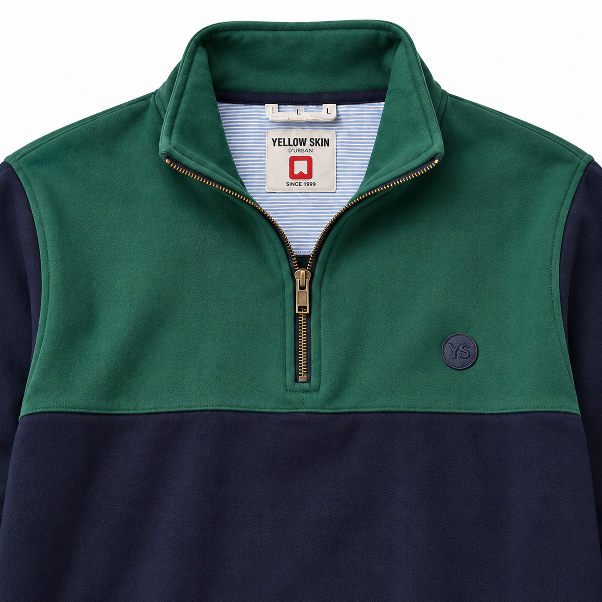 Sudadera Yellow Skin con media cremallera azul marino y verde · Talla L · -detalle