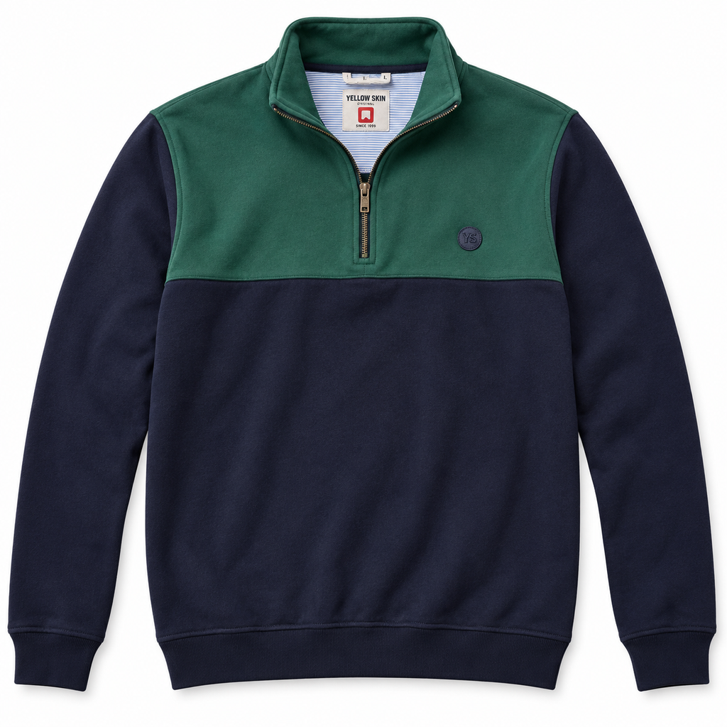 Sudadera Yellow Skin con media cremallera azul marino y verde · Talla L · vista frontal