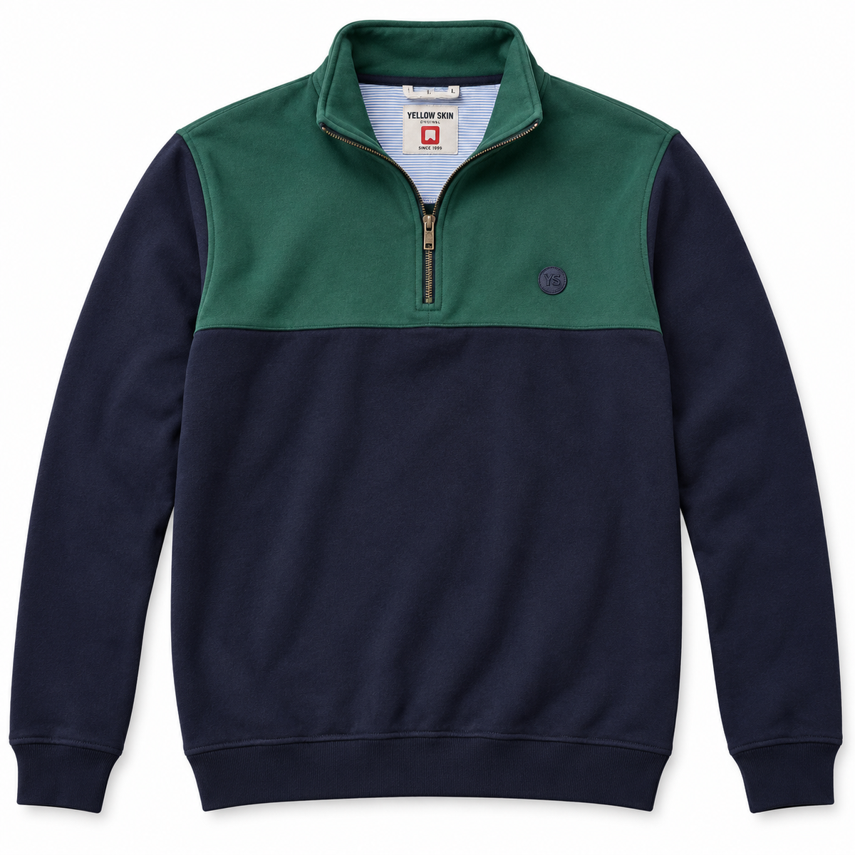 Sudadera Yellow Skin con media cremallera azul marino y verde · Talla L · vista frontal