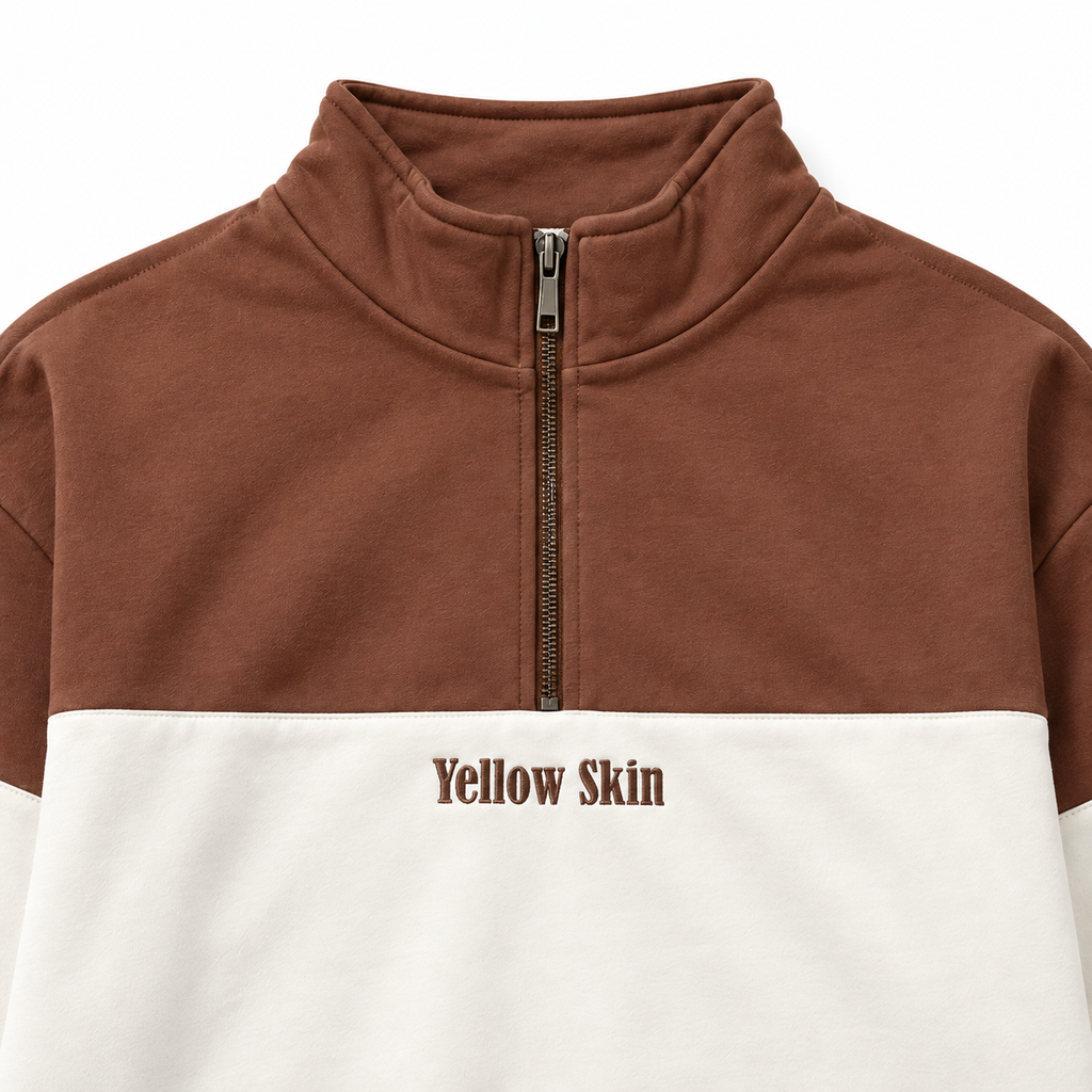 Sudadera Yellow Skin con media cremallera marrón y crudo · Tallas XXL y 3XL · -detalle
