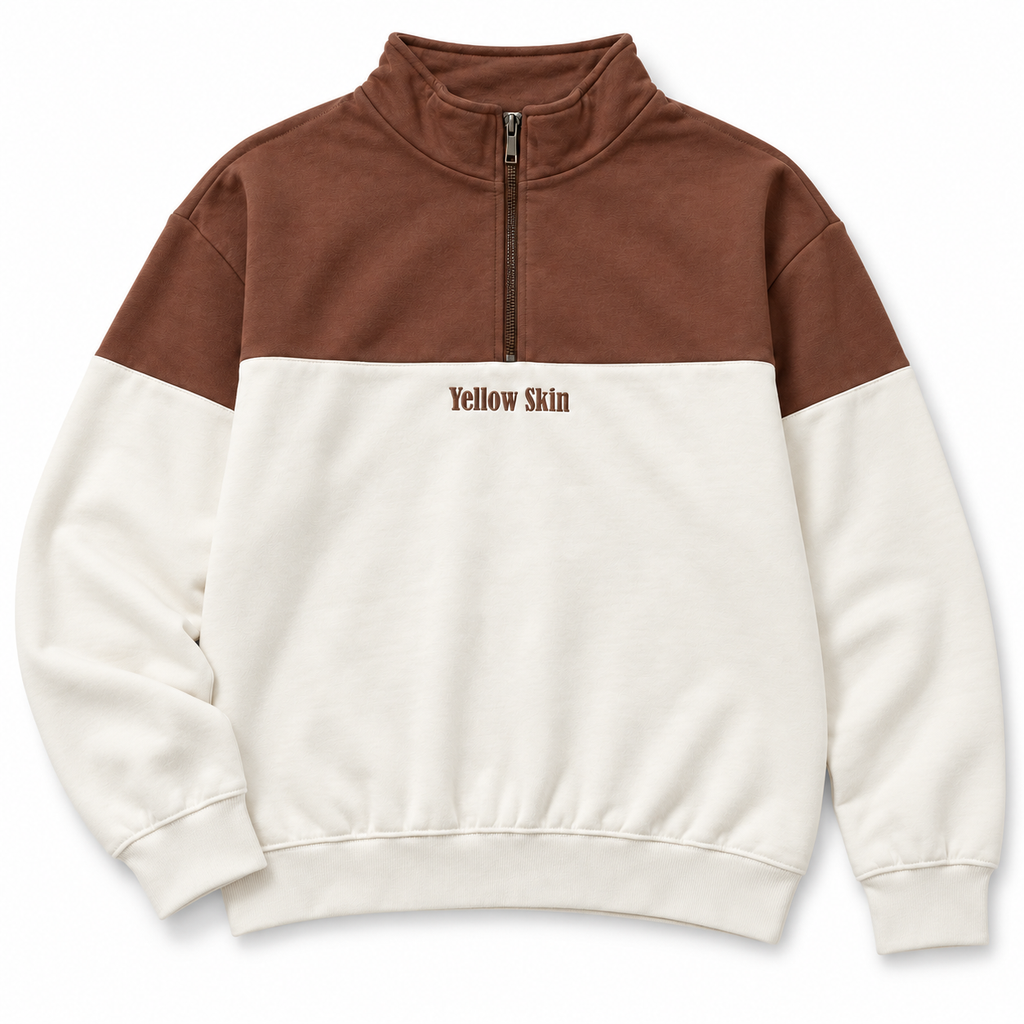 Sudadera Yellow Skin con media cremallera marrón y crudo · Tallas XXL y 3XL · -presentacion