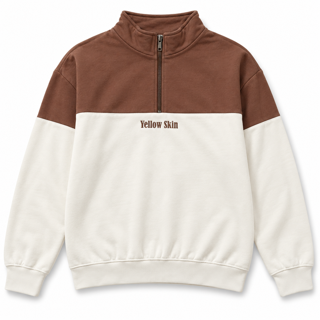 Sudadera Yellow Skin con media cremallera marrón y crudo · Tallas XXL y 3XL · vista frontal