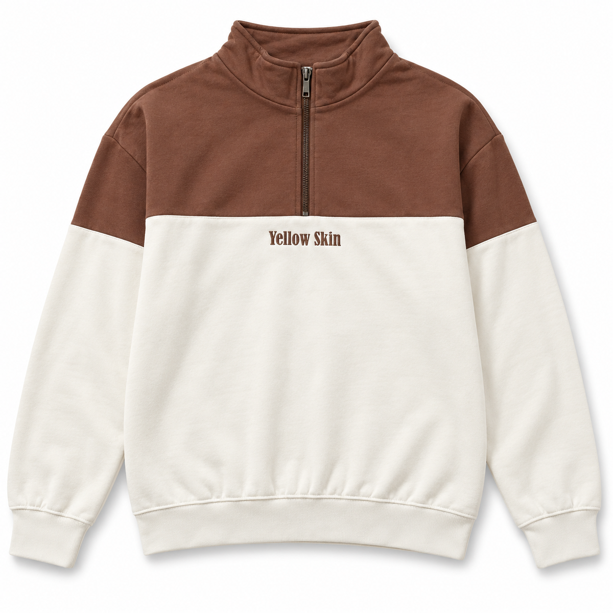 Sudadera Yellow Skin con media cremallera marrón y crudo · Tallas XXL y 3XL · vista frontal