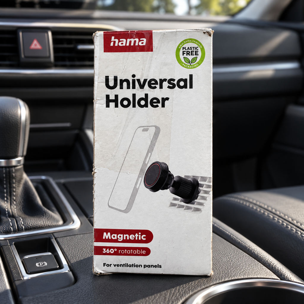 Hama soporte magnético de móvil 222575: caja original en el interior de un coche