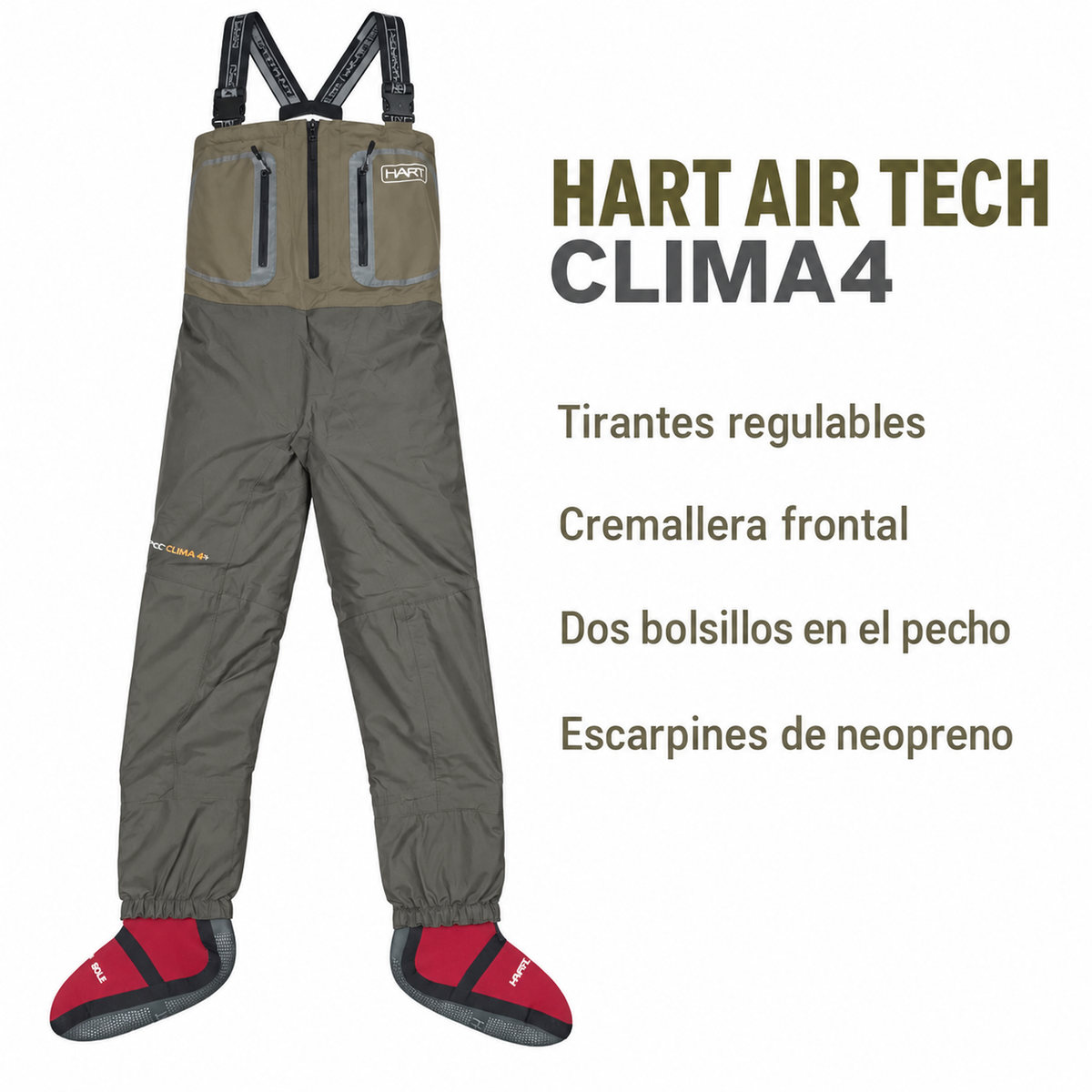 Hart Air Tech Clima4: tirantes regulables, cremallera frontal, bolsillos de pecho y escarpines de neopreno