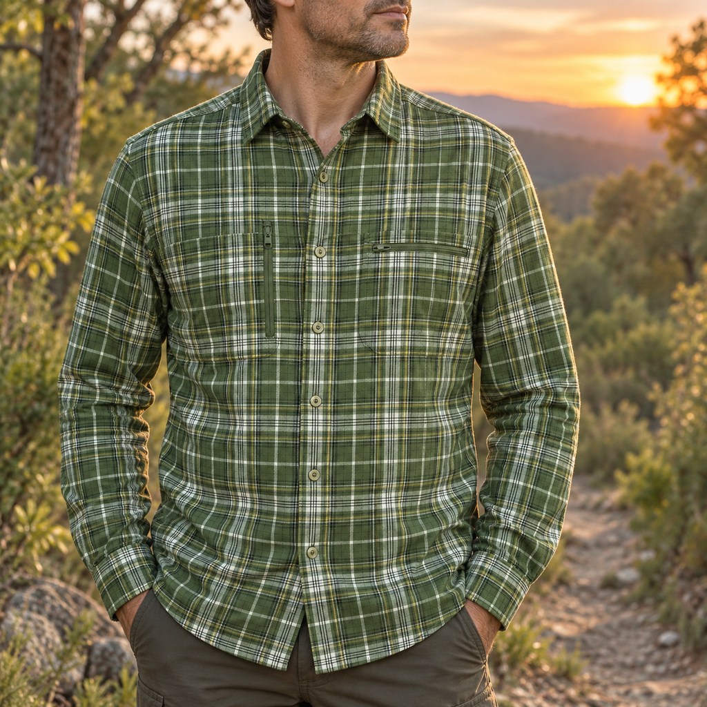 Camisa Hart Belagua de cuadros verdes llevada durante un paseo por un sendero natural