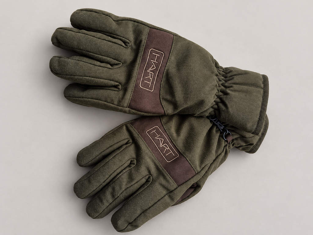 Detalle de los guantes HART verde oliva y marrón con costuras y puños elásticos