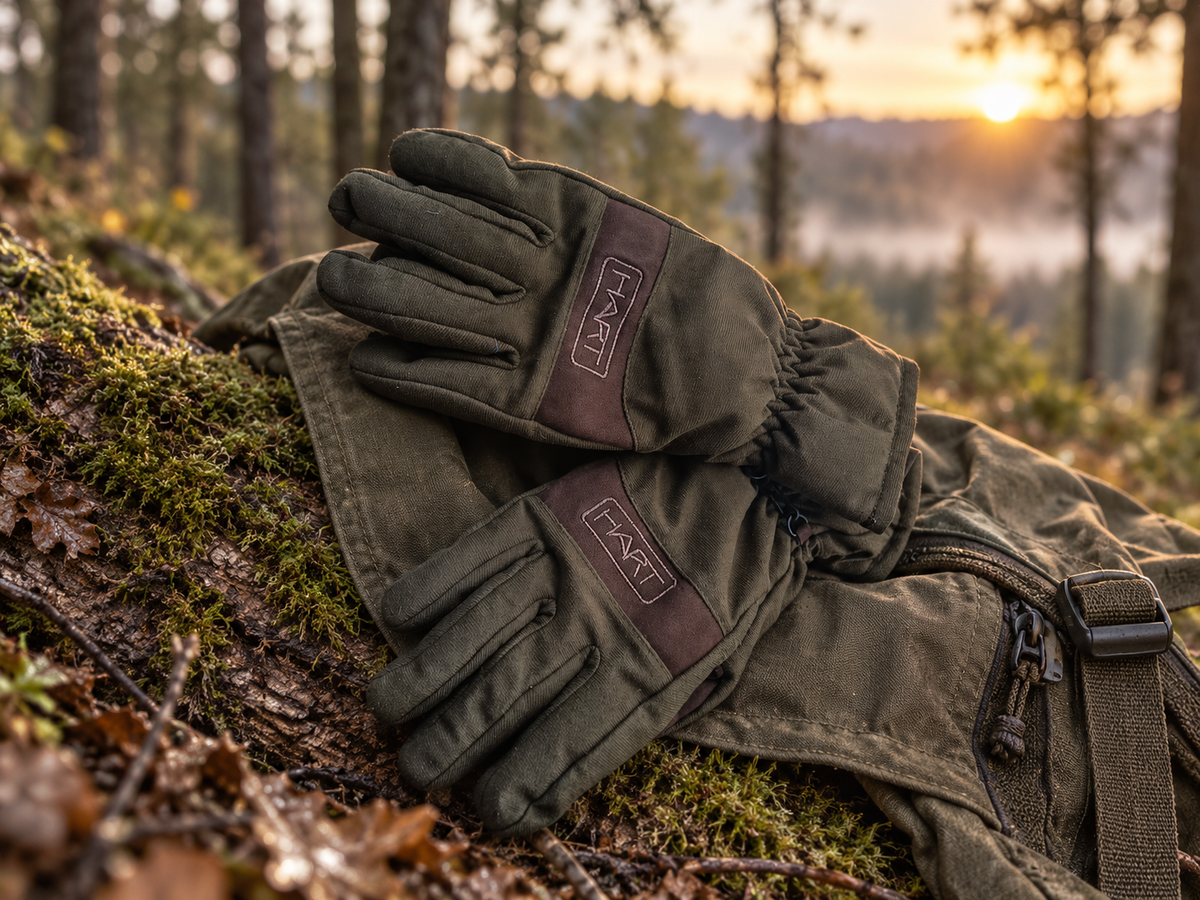Guantes de caza HART verde oliva y marrón en entorno de bosque