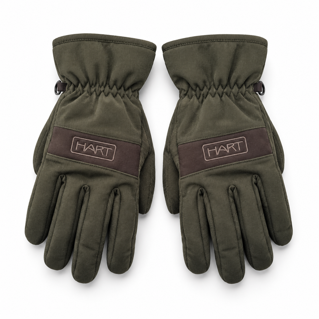 Guantes de caza HART verde oliva y marrón, vista principal sobre fondo blanco