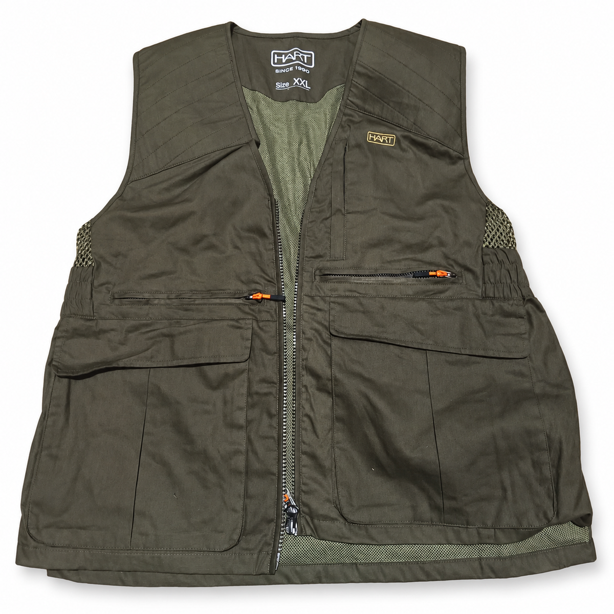 Chaleco Hart Maqueda-V verde oliva talla XXL sobre fondo blanco, con bolsillos de solapa y paneles de malla