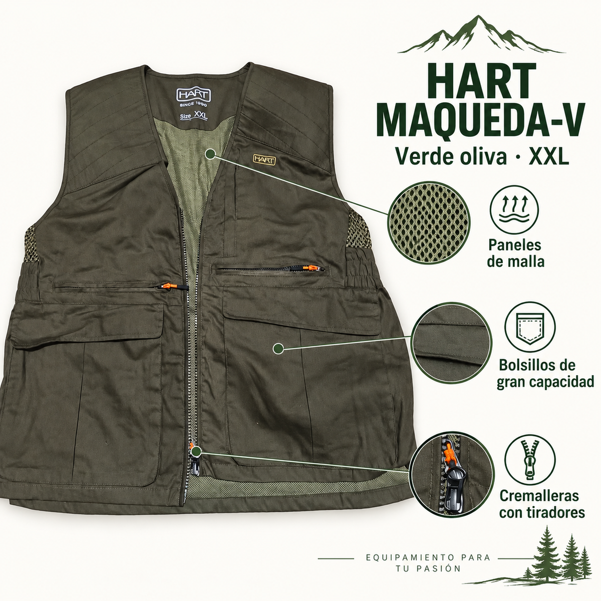 Hart Maqueda-V XXL: paneles de malla, bolsillos de gran capacidad y cremalleras con tiradores