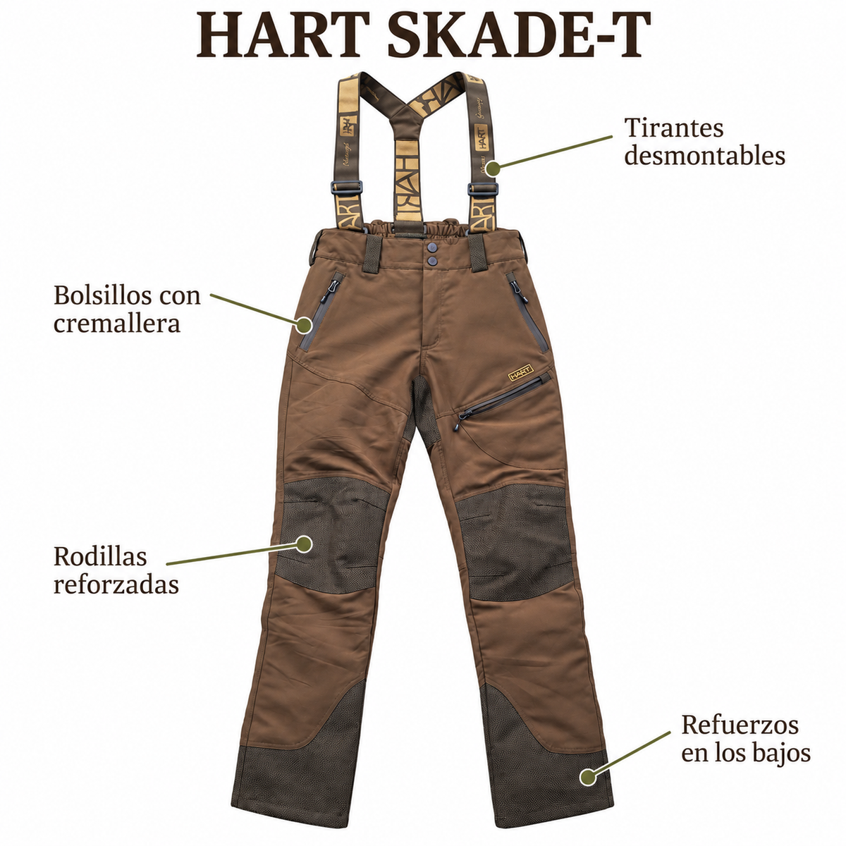 Características del Hart Skade-T: tirantes desmontables, bolsillos con cremallera y refuerzos en rodillas y bajos