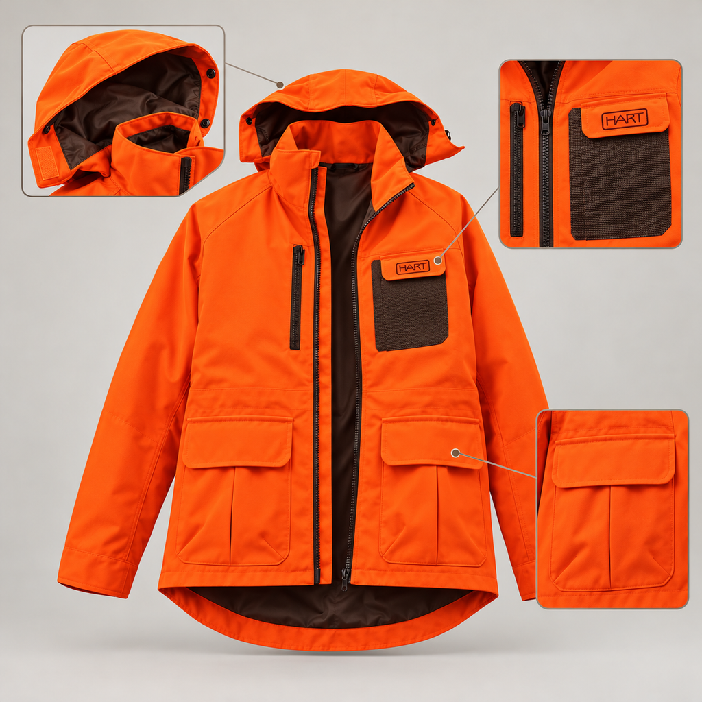 Detalles de capucha, bolsillos y cremalleras de la chaqueta HART WILD-J