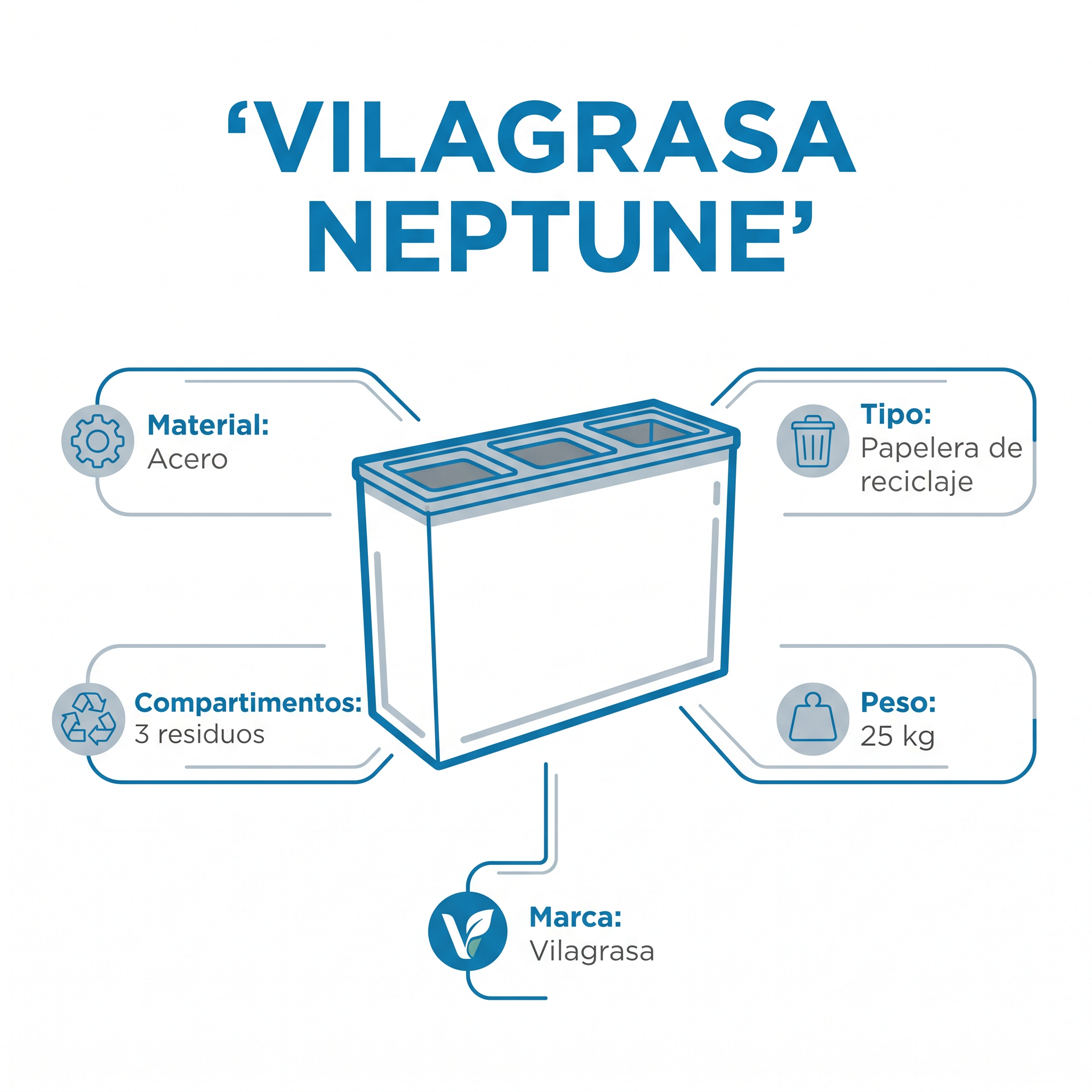 Papelera de Reciclaje Vilagrasa NEPTUNE — Papelera Reciclaje  De 3 Residuos Cuerpo Acero