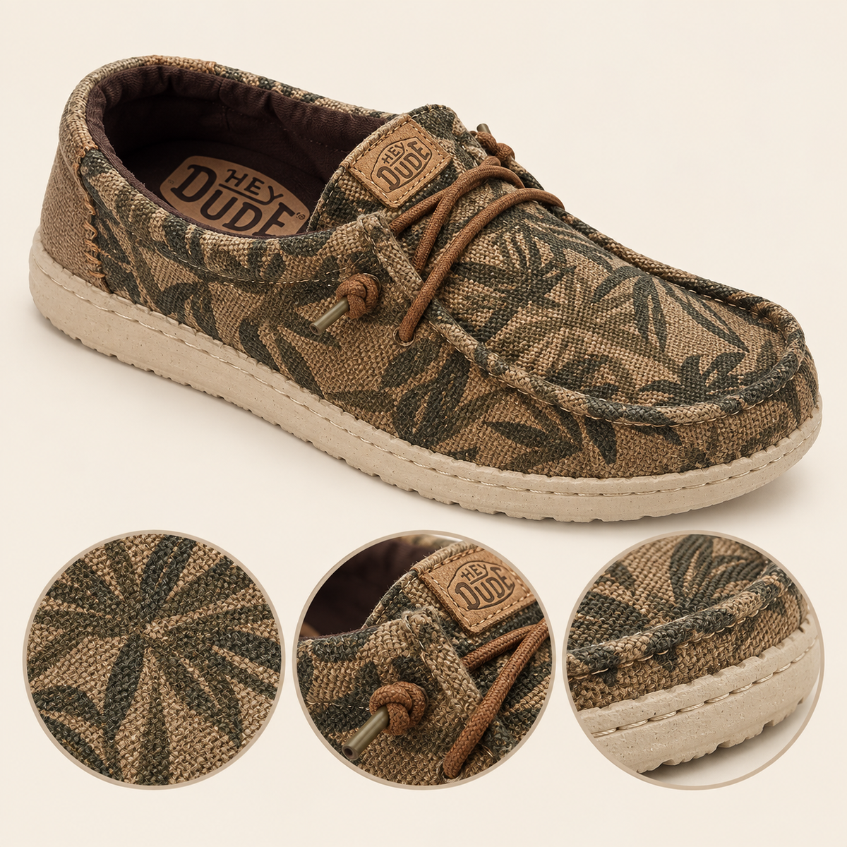 Detalles de las zapatillas Hey Dude Wally Palm Jute verdes