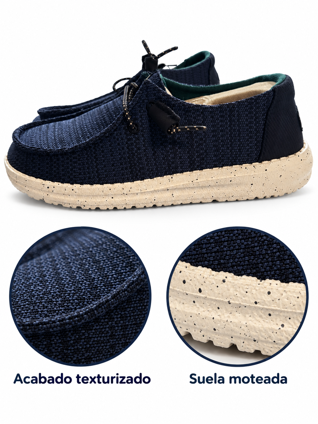 HEYDUDE Wendy Sport Mesh azul marino talla 36 — textura y suela moteada
