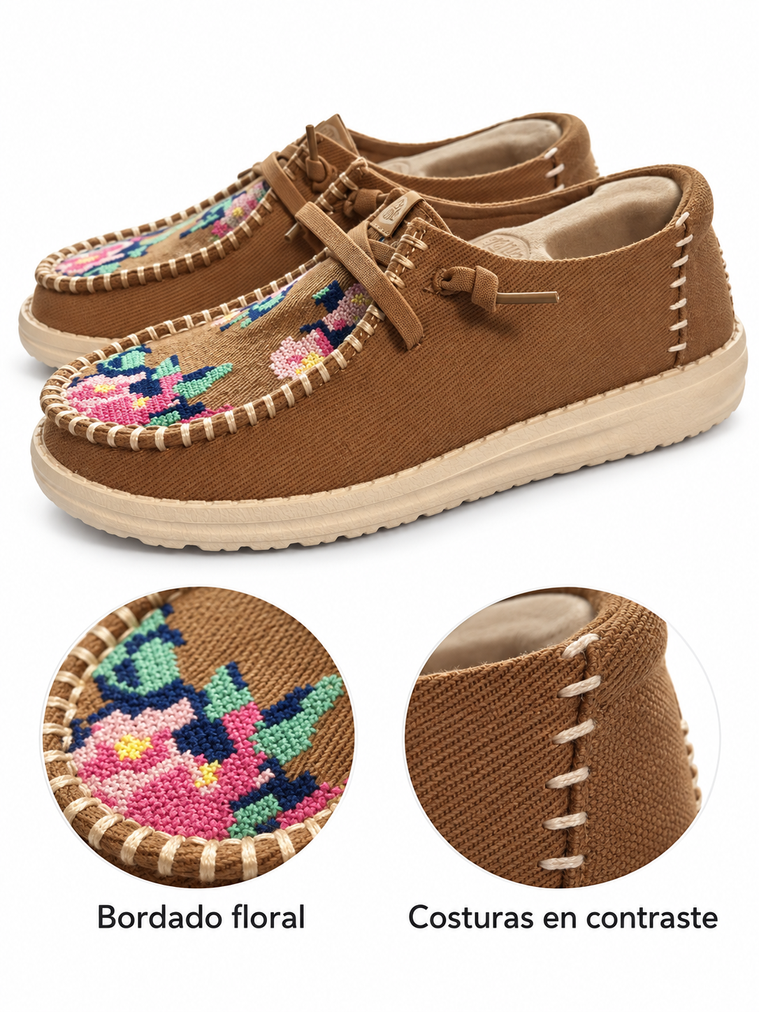 HEYDUDE Wendy Cross Stitch camel con bordado floral talla 36 — bordado floral y costuras