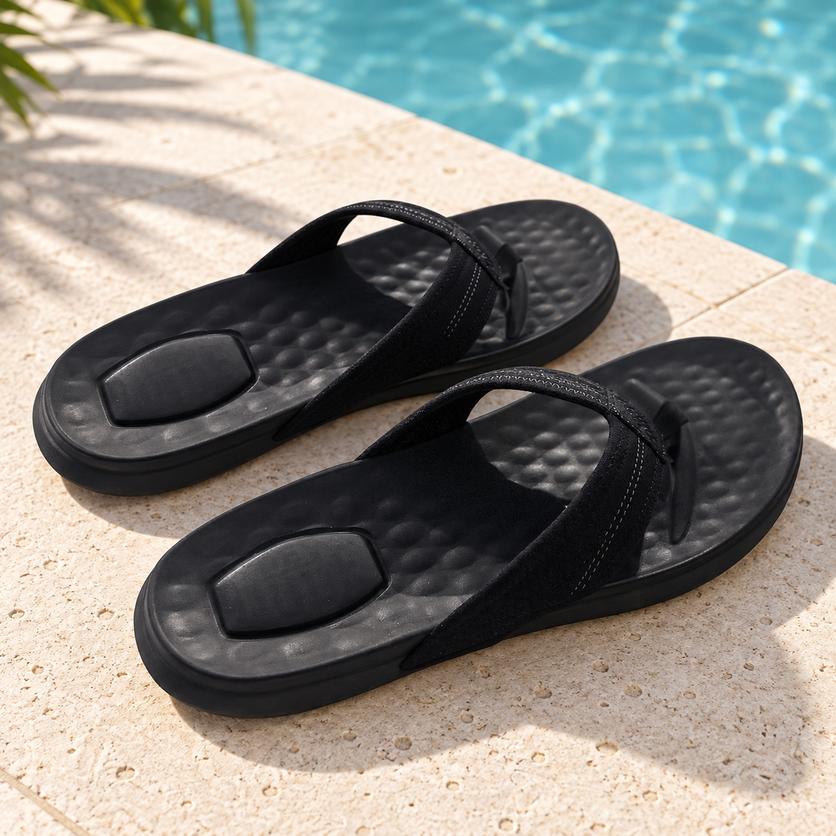 Sandalias HEYDUDE Myers Flip Classic 17622 negras junto a una piscina