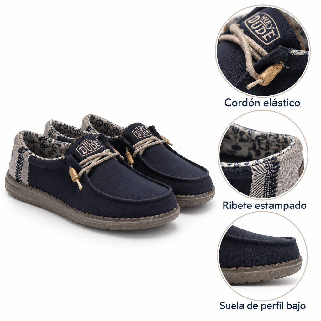 Características visibles de los mocasines HEYDUDE Wally 14849 marino
