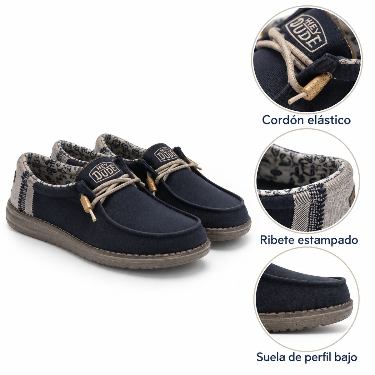Características visibles de los mocasines HEYDUDE Wally 14849 marino
