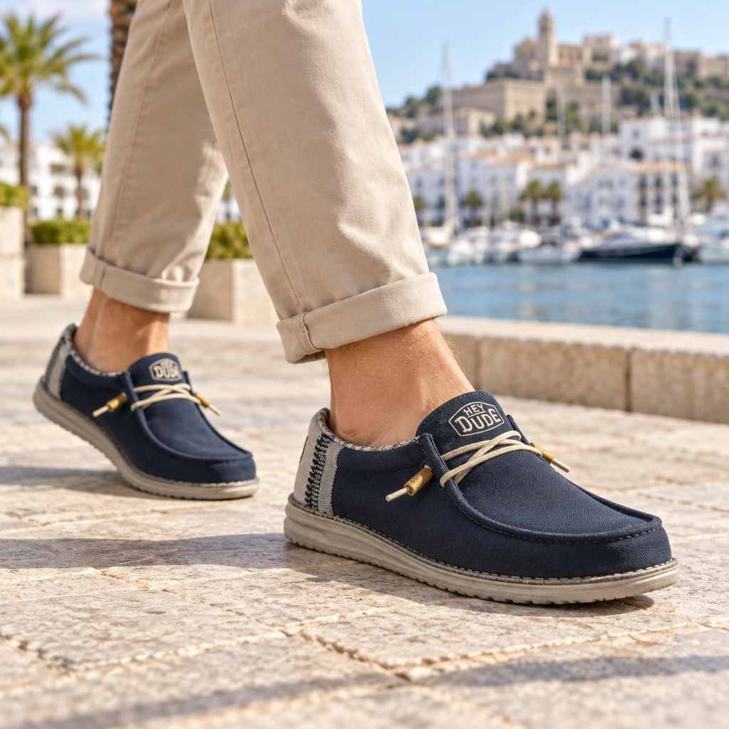 Mocasines HEYDUDE Wally 14849 marino para hombre en una escena lifestyle